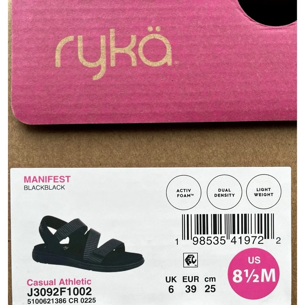 Ryka Womens Manifest Sport Adjustable Sandals Size 8.5 Black Lightweight Comfort